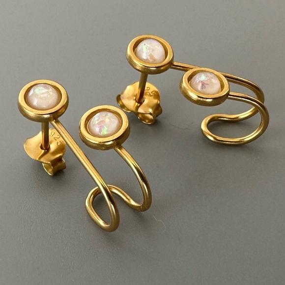 14k Vermeil Gold Semi Precious Double Opal Earrings - Picture 4 of 17